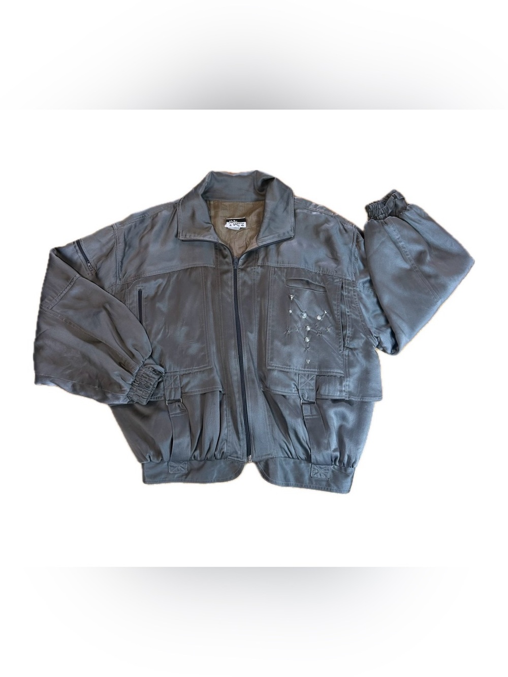 Vintage Sueded Silk Bomber Jacket Studded Slate Gray Oversized L/XL Made USA